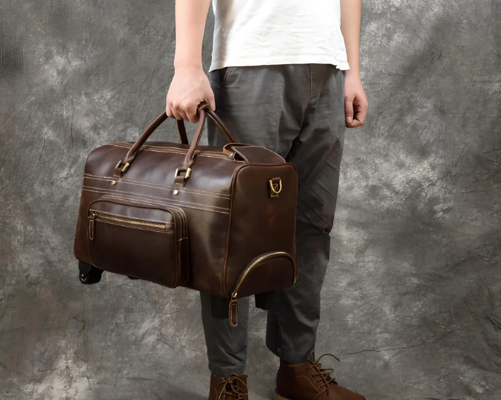 leather carry on duffel bag with wheels